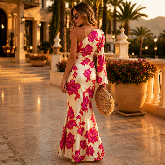 VESTIDO SATINADO ASIMÉTRICO FLORAL